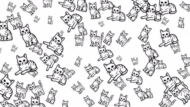 A poetic pattern of cat doodle silhouettes weaves rhythmically like visual whispers&mdash;ideal for looping animations, abstract wallpapers, artistic branding visuals, minimal pet graphics