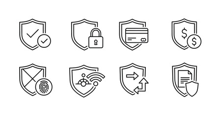 Set of shield icons representing security and protection for digital and financial data vector