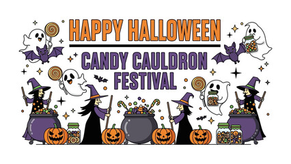 Fototapeta premium Halloween Candy Cauldron Festival Illustration: Spooky Halloween illustration with candy, witch, cauldron and ghost creating a festive atmosphere.