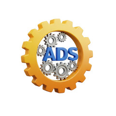 Obraz premium Golden gear with blue 'ads' letters and smaller gears symbolizing advertising technology and marketing mechanics transparent background