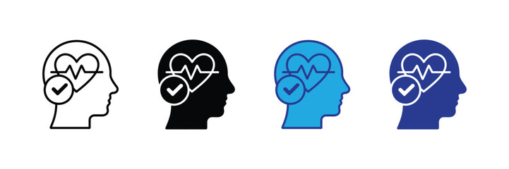 Set of icons representing mental health and wellbeing, including a human head silhouette with a heart and electrocardiogram inside, and a checkmark, isolated on transparent background