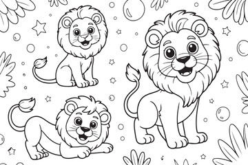 Three adorable lion cubs are depicted in a playful scene, surrounded by flowers and snowflakes, ready for coloring.