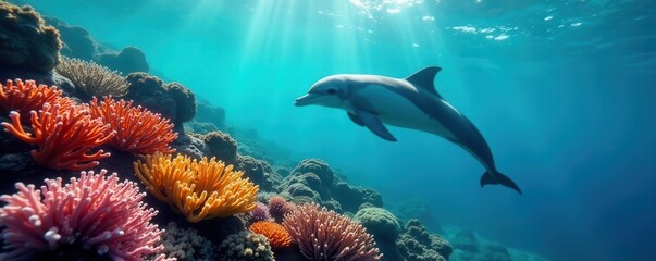 Obraz premium Sleek dolphin swims gracefully over vibrant coral reef , nature photography, fauna
