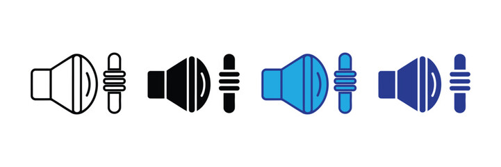 Set of four speaker volume icons in different styles, including outline, solid black, blue gradient, and dark blue, isolated on transparent background