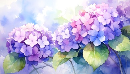 Beautiful Watercolor Hydrangea Flowers in Soft Pastel Colors.