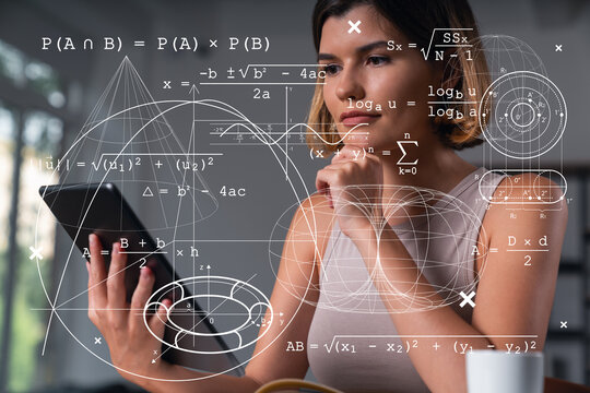 Woman analyzing complex mathematical formulas on digital tablet with geometry shapes overlayed, symbolizing education and scientific research concept.