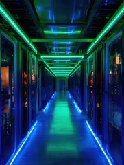 Fototapeta premium Neon-lit Server Corridor Showcasing High-Tech Data Center Infrastructure in a Futuristic Environment