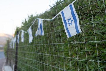 Small Israeli flags are attached to a wire fence, fluttering gently in the breeze. The surrounding greenery adds a natural touch to the scene, showcasing a peaceful atmosphere.