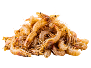 Large pile of small cooked unpeeled shrimp seafood appetizer on a transparent background
