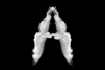 White capital letter A cloud shapes isolated on black background. Cloud alphabet