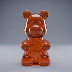 A transparent amber gummy bear made of glass, with air bubbles inside, sitting on a grey background