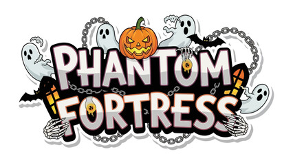 Phantom Fortress: An emblem depicting a spooky Halloween scene, featuring spectral figures, a carved pumpkin, and ominous accents, designed to evoke the spirit of All Hallows' Eve.