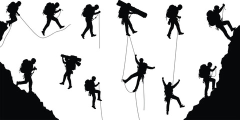 Obraz premium Mountain climber silhouette vector illustration with hiking and rock climbing poses, extreme adventure sport design for outdoor exploration concept