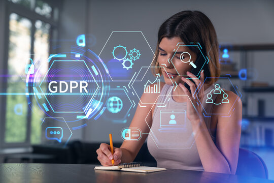 Woman taking notes while discussing GDPR compliance on phone with digital icons overlay representing data protection and privacy concept.