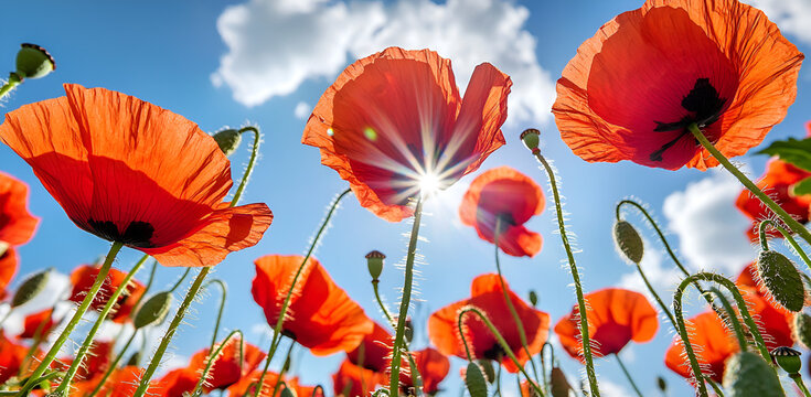 Vibrant red poppies reaching for the clear sunny sky