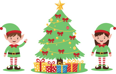Christmas elves with decorated tree and gifts, festive holiday celebration illustration, cute cartoon characters, winter season, joyful Christmas background
