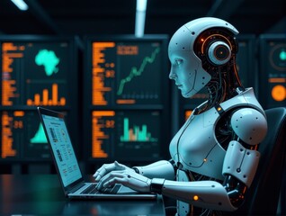 A humanoid robot processes data on a laptop amid hightech screens in a futuristic setting.