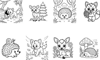 Obraz premium Woodland Baby Animals – Fox, Deer & Hedgehog Coloring Pack