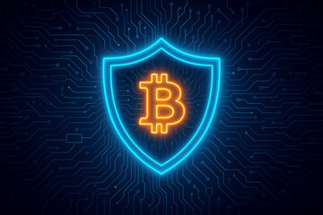 Bitcoin shield icon with neon glow on a digital circuit board background cryptocurrency blockchain