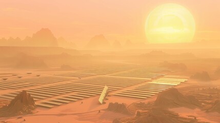 Futuristic Solar Power Plant Landscape at Sunrise with Pink Orange Sky and Mountainous Terrain