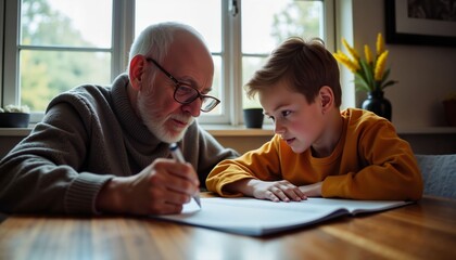 A grandfather helps his grandson with his homework and homework at a wooden table indoors. 