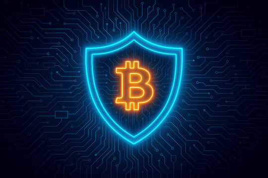 Bitcoin shield icon with neon glow on a digital circuit board background cryptocurrency blockchain