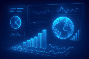 Blue Neon Futuristic Data Visualization with Graphs, Charts, and Globe technology digital