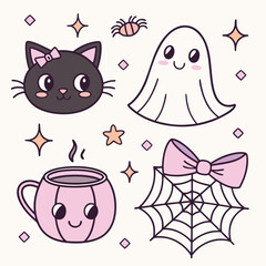 Cute cartoon black cat with bow, ghost, spiderweb, pink mug for Halloween