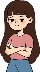 Sad young girl with long hair crossing arms, unhappy facial expression, disappointed and upset female cartoon character illustration for emotion concept