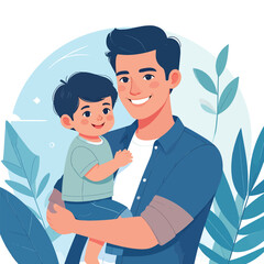 Happy father holding his little son in arms, smiling together. Concept of family love, bonding, fatherhood, and parent-child relationship. Flat 2D vector illustration with clean design.