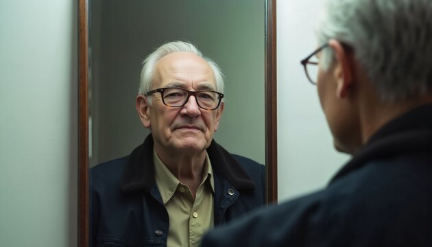 An elderly man looks at himself in the mirror appraisingly.   - Powered by Adobe