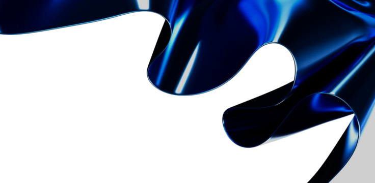 An abstract image featuring a flowing blue glossy material against a white background. The dynamic shapes and reflections create a sense of move - Powered by Adobe
