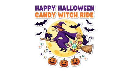 Enchanting Halloween Witch Ride: A whimsical illustration captures a witch, gracefully soaring on her broomstick against the backdrop of a radiant full moon, accompanied by playful black cats.