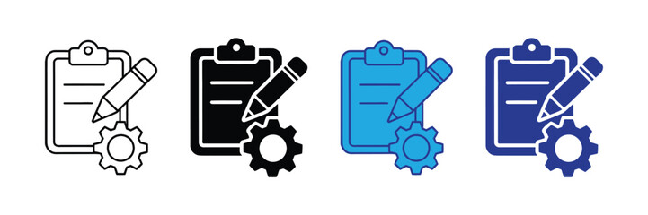 Clipboard with pencil and gear icon, representing task management, editing, and process automation, isolated on transparent background