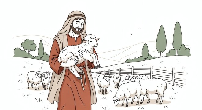 Minimalist Lost Sheep Parable Illustration, Shepherd Carrying Lamb Vector	