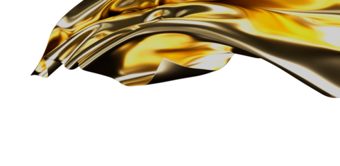 Abstract illustration of a golden liquid wave with bright highlights and reflective texture on a white background. Ideal for luxury concepts.
