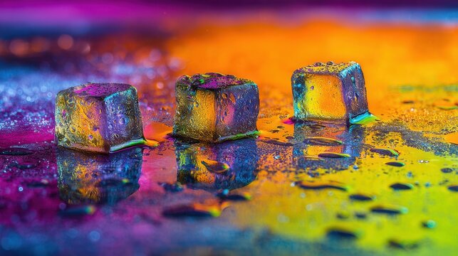 Colorful Ice Cubes on a Vibrant Surface Reflect Light and Create an Artistic Composition During the Evening