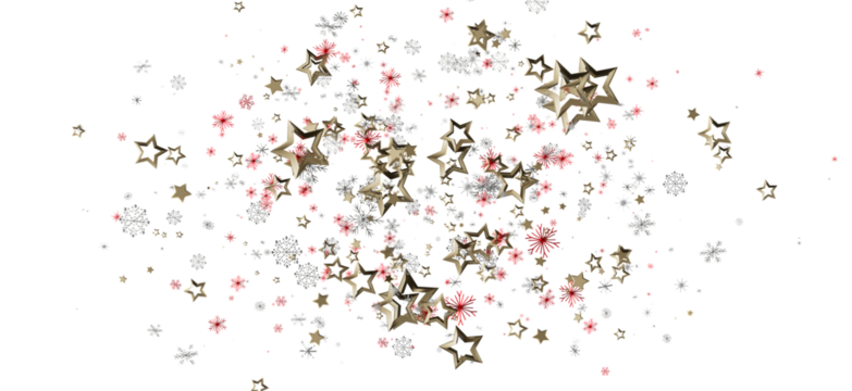 Festive holiday background featuring golden stars, snowflakes and red sparkle elements. Perfect for Christmas cards, invitations and design.