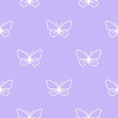 Seamless purple butterfly pattern vector illustration featuring white outlines on a pastel background. Ideal for fabric design, wallpapers, and creative projects.