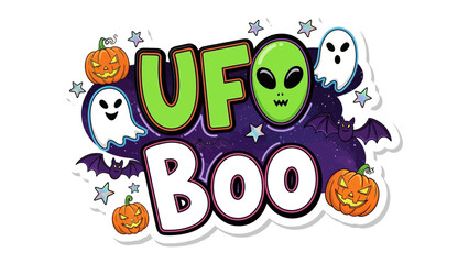 UFO Boo Halloween Illustration: A whimsical illustration with the words UFO Boo, depicting a Halloween-themed scene with playful elements like pumpkins, aliens, ghosts, and bats.