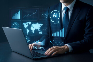Businessman interacting with futuristic AI and big data analytics interface on laptop suit computer