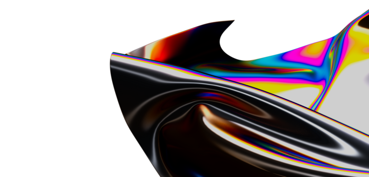 Captivating abstract composition with a dynamic, metallic surface featuring vibrant iridescent colors and reflections.