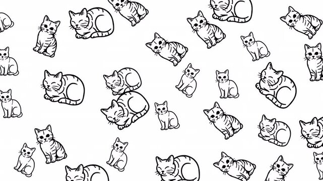 Dreamlike pattern of cat doodle silhouettes unfolding in symmetry crafted for seamless wallpaper loops, textile prints, aesthetic backgrounds, digital design visuals, and minimalist motion art