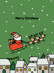 Fototapeta premium Cute Cartoon Santa Claus Flying Over a Snowy Town with Reindeer and Gifts