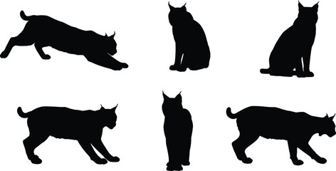 Black cat silhouettes vector set, sitting crouching walking stretching upright feline poses, domestic pet animal artwork, minimalist design, cad drawing flat vector illustration