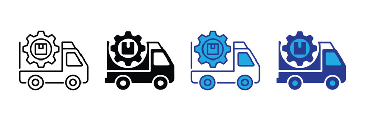 Set of four truck icons with gear and package symbol, isolated on transparent background
