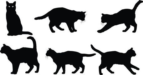 Black cat silhouettes vector set, sitting walking crouching stretching feline poses with visible eyes, domestic pet artwork, cad drawing flat vector illustration