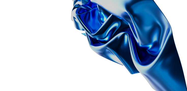 Elegant abstract image of blue satin fabric floating in the air. The cloth is against a white background. Perfect for artistic projects, and des