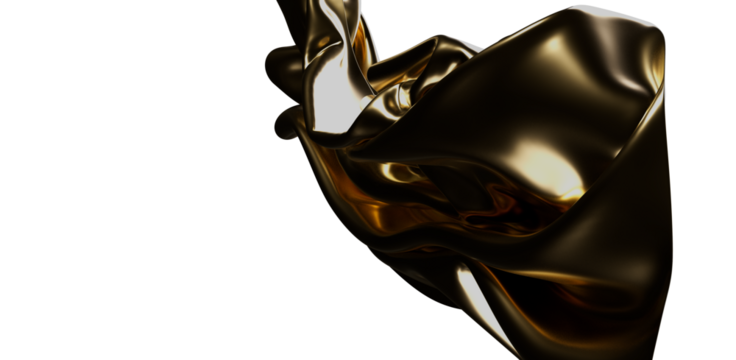 A captivating abstract image features flowing golden fabric. The smooth, reflective surface creates a sense of luxury and movement against a cle