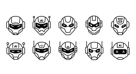 Collection of futuristic robot and sci-fi character helmet designs for futuristic projects vector